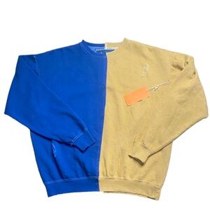 La Detresse Half/Half Colorblock Distressed Sweatshirt in Navy Blue and Tan NWT